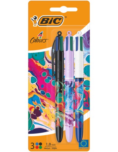 Bic 4 Cores Decors Hydro Pack de 3 Canetas Esferográficas Retráteis - Ponta Média de 1,0 mm - Tinta à Base de Óleo - 4 Cores