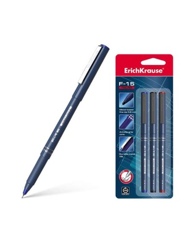 Erichkrause F-15 Pack de 3 Marcadores Ponta Fina - Traço de 0.6mm - Clipe Metálico - Cor Preto, Azul e Vermelho