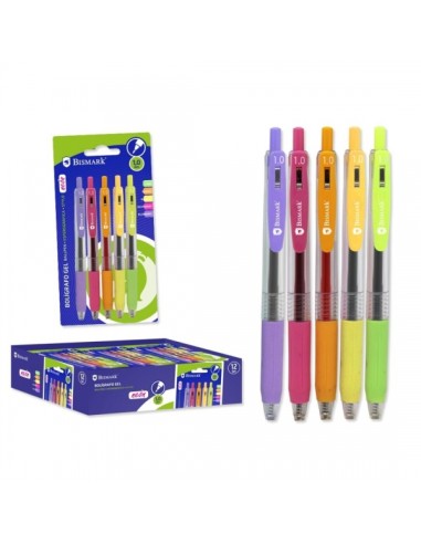 Bismark Pack de 5 Canetas Retráteis Tinta Gel - Ponta 1.0mm - Escrita Suave - Cores Néon Sortidas