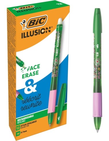 Bic Illusions Caneta Apagável - Ponta Média de 0,7mm - Grip de Borracha - Recarregável - Cor Verde