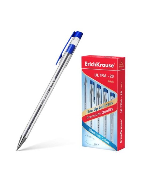Erichkrause Caneta Ultra-20 - Ponta Metálica Tipo Agulha - Corpo Redondo Transparente com Grip - Tinta de Baixa Viscosidade - C