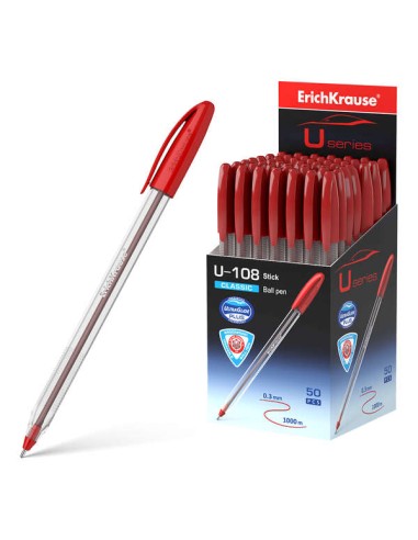 Erichkrause U-108 Caneta Clássica - Ponta de Esfera 1.0mm - Traço de 0.3mm - Tampa Ventilada - Tecnologia Ultra Glide - Cor Ver