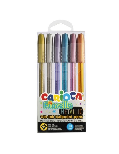Carioca Fiorella Metallic Pack de 6 Canetas de Cores Tinta Gel - Ponta de Esfera 1mm - Corpo Transparente - Cores Metálicas Sor