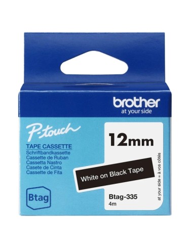 Brother Btag-335 Fita 12mm - Texto Branco sobre Fundo Preto - Medidas 12mmx4 Metros - Compatível com PTN10, PTN20, PTN25BT