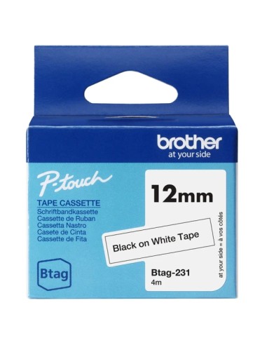 Brother Btag-231 Fita 12mm - Texto Preto sobre Fundo Branco - Medidas 12mmx4 Metros - Compatível com PTN10, PTN20, PTN25BT