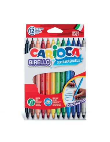 Carioca Birello Pack de 12 Marcadores - Dupla Ponta Fina e Média - Tinta Superlavável Não Tóxica - Lavável da Pele e Tecidos co