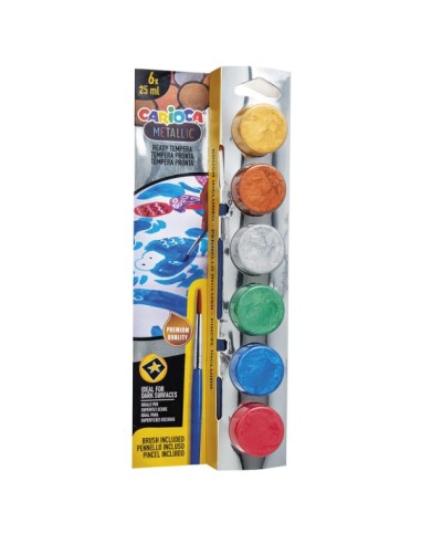 Carioca Metallic Pack com 6 Tintas em Potes de 25ml + Pincel - Superlaváveis - Misturáveis - Cores Metálicas Sortidas