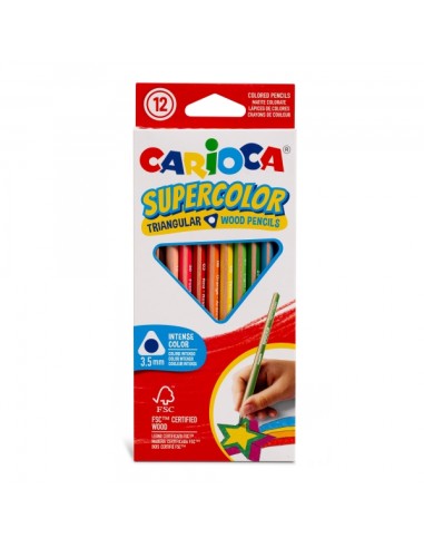 Carioca Supercolor Pack com 12 Lápis de Cor - Corpo de Madeira Triangular - Cores Intensas e Grande Opacidade - Mina de 3,5 mm 