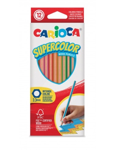 Carioca Supercolor Pack com 12 Lápis de Cor - Corpo de Madeira Hexagonal - Cores Intensas e Grande Opacidade - Mina de 3,3 mm -