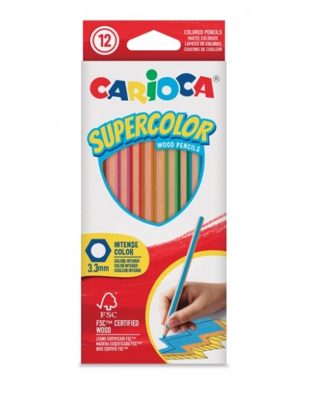 Carioca Supercolor Pack com 12 Lápis de Cor - Corpo de Madeira Hexagonal - Cores Intensas e Grande Opacidade - Mina de 3,3 mm -