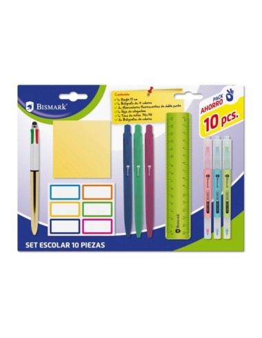 Bismark Pack Escolar com Régua Flexível 15cm, Caneta 4 Cores, 3 Marcadores Fluorescentes Dupla Ponta, Bloco de Notas Adesivas 7