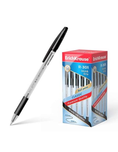 Erichkrause R-301 Stick&Grip Caneta Esferográfica Ponta 1.0mm - Traço 0.5mm - Pega com Grip de Borracha - Tinta de Secagem Rápi