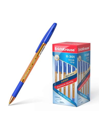 Erichkrause R-301 Amber Stick&Grip Caneta Esferográfica Ponta 0.7mm - Traço 0.35mm - Pegada com Grip de Borracha - Tinta de Sec