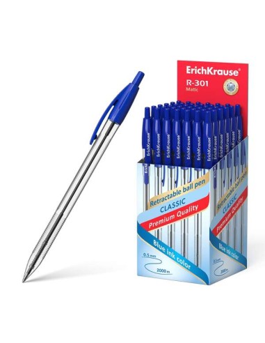 ErichKrause R-301 Matic Caneta Retrátil Ponta de Esfera 1.0mm - Tinta de Secagem Rápida - Corpo Transparente - Cor Azul