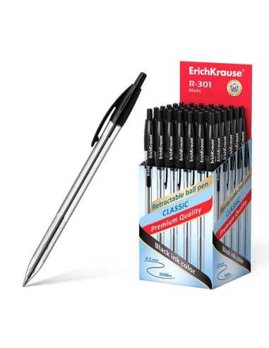 ErichKrause R-301 Matic Caneta Retrátil Ponta Esferográfica 1.0mm - Tinta de Secagem Rápida - Corpo Transparente - Cor Preta