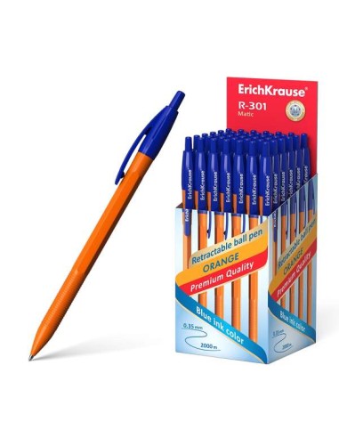 Erichkrause R-301 Laranja Matic Caneta Retrátil Ponta 0.7mm - Corpo Hexagonal Opaco - Tinta de Secagem Rápida - Cor Azul