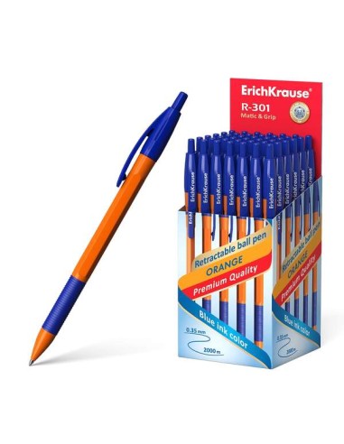 Erichkrause R-301 Laranja Matic&Grip Caneta Retrátil - Ponta de 0,7mm - Traço de 0,35mm - Grip de Borracha - Tinta de Secagem R
