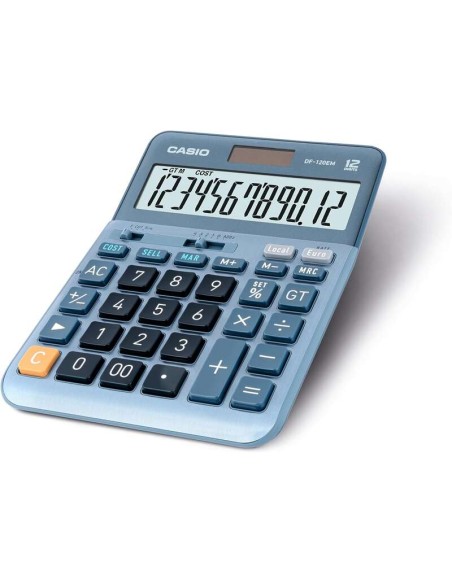 Casio DF-120EM Calculadora de Mesa - Ecrã Extra Grande de 12 Dígitos - Alimentação Solar e a Pilhas - Cor Azul