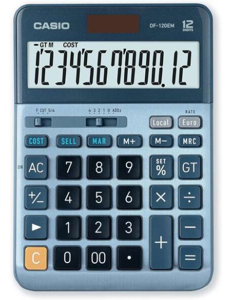 Casio DF-120EM Calculadora de Mesa - Ecrã Extra Grande de 12 Dígitos - Alimentação Solar e a Pilhas - Cor Azul