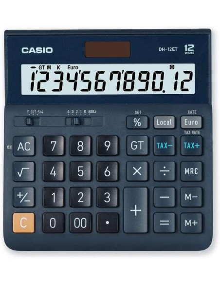 Casio DH-12ET Calculadora de Mesa - Ecrã Extra Grande de 12 Dígitos - Alimentação Solar e a Pilhas - Cor Azul Escuro