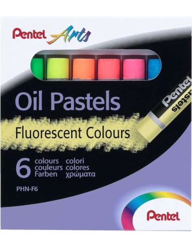 Pentel Oil Pastels Pack de 6 Pastéis Óleo Fluorescentes - Macios, Cremosos e de Secagem Lenta - Cores Fluorescentes Sortidas