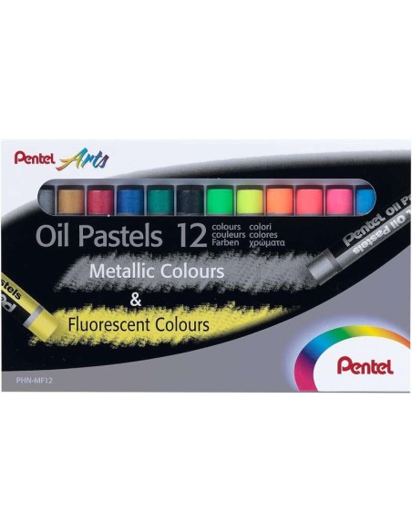 Pacote de 12 Pastéis a Óleo Pentel - 6 Metálicos e 6 Fluorescentes - Macios, Cremosos e de Secagem Lenta - Cores Metálicas e Fl