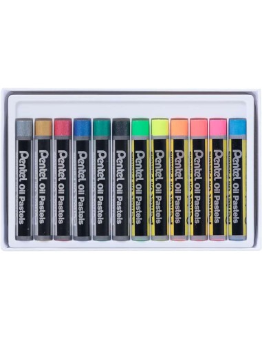 Pacote de 12 Pastéis a Óleo Pentel - 6 Metálicos e 6 Fluorescentes - Macios, Cremosos e de Secagem Lenta - Cores Metálicas e Fl