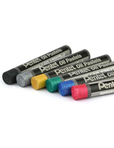 Pacote de 12 Pastéis a Óleo Pentel - 6 Metálicos e 6 Fluorescentes - Macios, Cremosos e de Secagem Lenta - Cores Metálicas e Fl