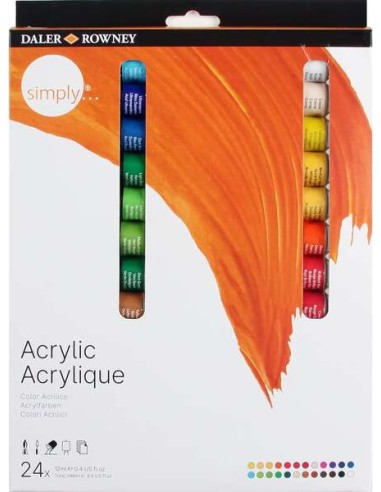 Daler Rowney Simply Pack de 24 Tintas Acrílicas 12ml - Secagem Rápida - Ótima Cobertura - Misturáveis - Cores Sortidas