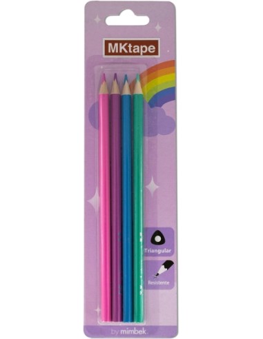 MKtape Pack de 4 Lápis Triangulares de Cores - Mina de 3,0mm - Resistência à Quebra - Cores Pastel