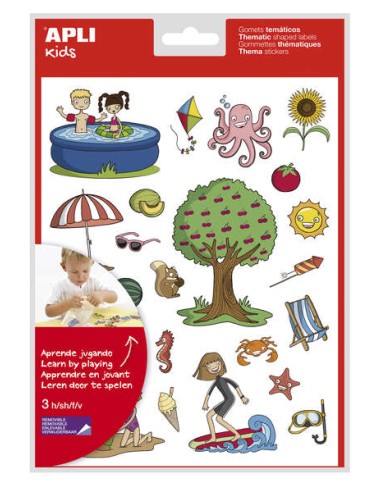 Apli Gomets Temáticos o Verão - 72 Gomets em 3 Folhas - Ilustrações Educativas de Objetos e Animais de Verão - Adesivo Removíve