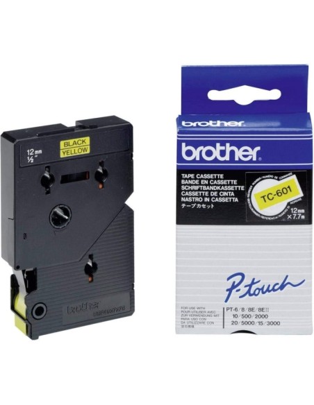 Brother TC601 Fita Laminada Original para Rotuladora - Texto Preto sobre Fundo Amarelo - Largura 12mm x 7 metros