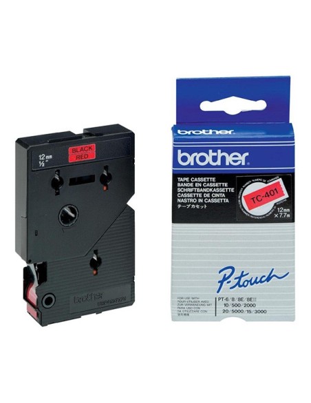 Brother TC401 Fita Laminada Original para Rotuladora - Texto Preto sobre Fundo Vermelho - Largura 12mm x 7 metros