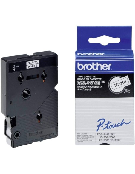 Brother TC201 Fita Laminada Original para Rotuladora - Texto Preto sobre Fundo Branco - Largura 12mm x 7 metros