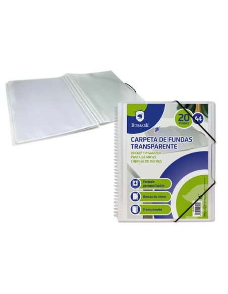 Bismark Pasta Espiral com 20 Bolsas Transparentes A4 - Polipropileno - Capa Personalizável - Espiral Plástica Indeformável - Ab
