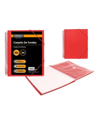 Ingraf Pasta com 20 Envelopes A4 + Bolsa com Fecho - Espiral Plástico Indeformável - Abertura 360 Graus - Capa Personalizável -