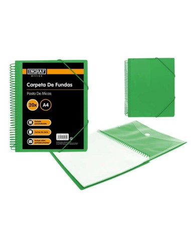 Ingraf Pasta 20 Envelopes A4 + Bolsa com Fecho - Espiral Plástico Indeformável - Abertura 360 Graus - Capa Personalizável - Cor