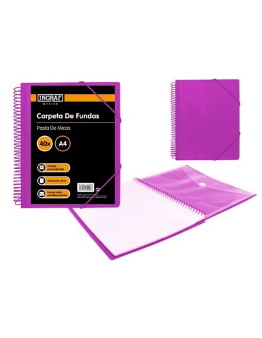 Ingraf Pasta 40 Capas A4 + Bolsa com Fecho - Espiral Plástico Indeformável - Abertura 360 Graus - Capa Personalizável - Cor Rox