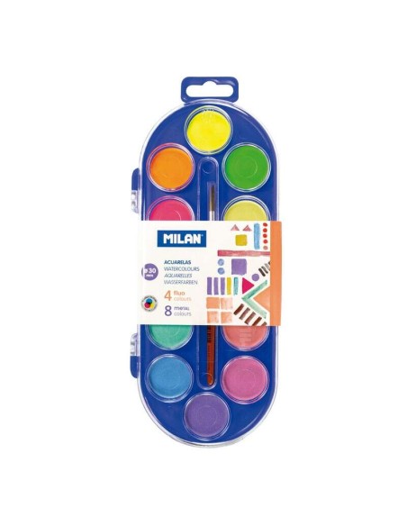 Estojo de 12 Aquarelas Ø30 mm + Pincel Série 101 - Misturável - Cores Fluorescentes e Metalizadas