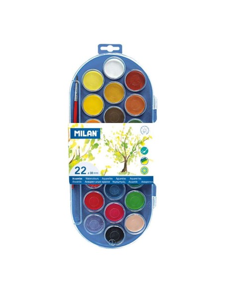 Estojo Milan 80022 com 22 Aquarelas Ø30 mm + Pincel Série 101 - Misturável - Cores Sortidas