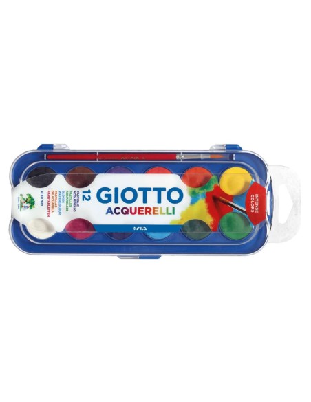 Giotto Estojo de 12 Aquarelas de 30mm + Pincel - Cores Brilhantes, Intensas e Vivas - Alta Cobertura - Cores Sortidas