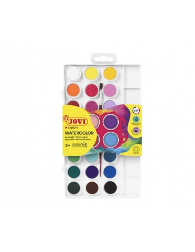 Jovi Pack de 24 Aquarelas em Pastilha + Pincel - Brilhantes - Facilmente Misturáveis - Cores Sortidas