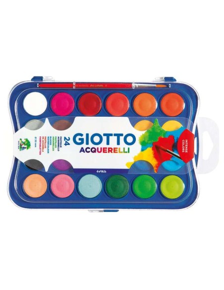 Giotto Estojo de 24 Aquarelas de 30mm + Pincel - Cores Brilhantes, Intensas e Vivas - Alta Cobertura - Cores Sortidas