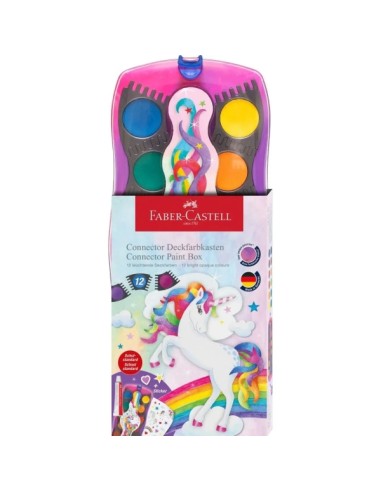 Faber-Castell Connector Unicórnio Pack de 12 Pastilhas de Aquarela + Tinta Branca Opaca + Adesivos - Grande Opacidade - Facilme