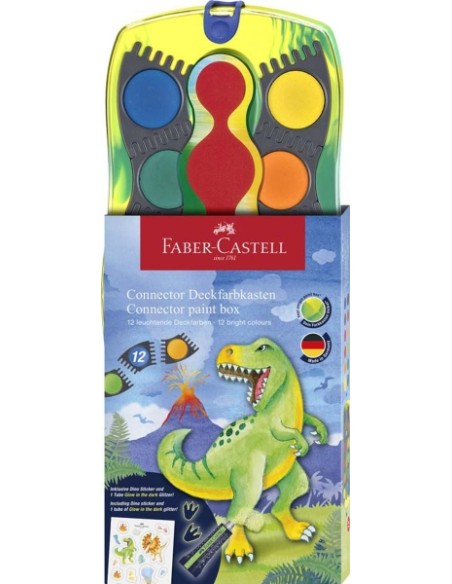 Faber-Castell Connector Dinossauro Pack de 12 Aquarelas em Pastilha + Tinta Branca Opaca + Adesivos - Grande Opacidade - Facilm