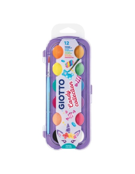 Giotto Candy Collection Estojo de 12 Aquarelas de 30mm + Pincel - Cores Brilhantes, Intensas e Vivas - Alta Cobertura - Cores S
