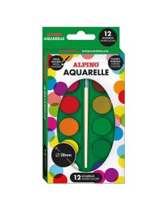 Alpino Pack de 12 Aquarelas - 28mm Diâmetro - Cores Intensas - Inclui Pincel - Cores Sortidas
