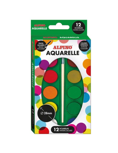 Alpino Pack de 12 Aquarelas - 28mm Diâmetro - Cores Intensas - Inclui Pincel - Cores Sortidas