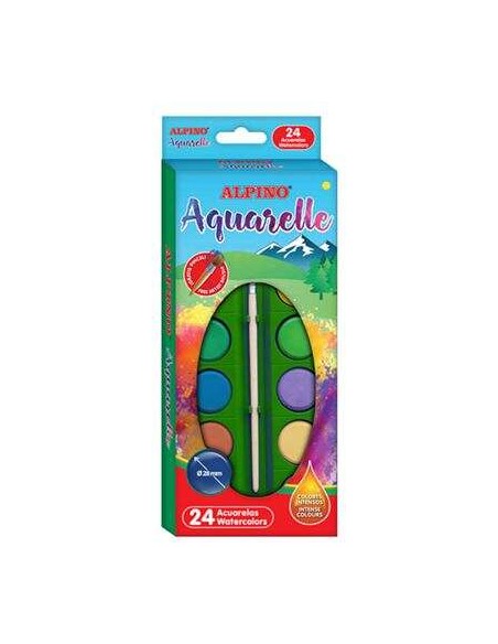 Alpino Pack de 24 Aquarelas - 28mm Diâmetro - Cores Intensas - Inclui Pincel - Cores Sortidas