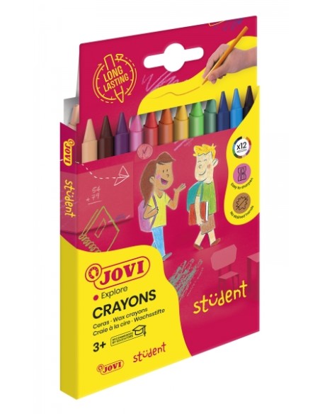 Jovi Crayons Student Estojo de 12 Ceras Plásticas - Resistentes - Não Mancham - Agradáveis de Rabiscar - Acabamento Brilhante -
